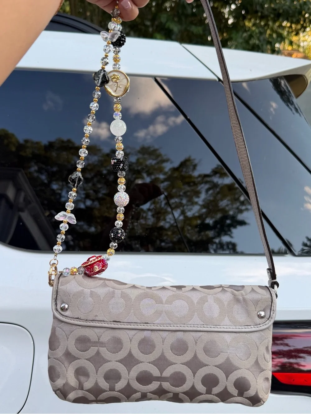 Coach Taupe Signature Jacquard Shoulder Bag with Beaded Strap Accent